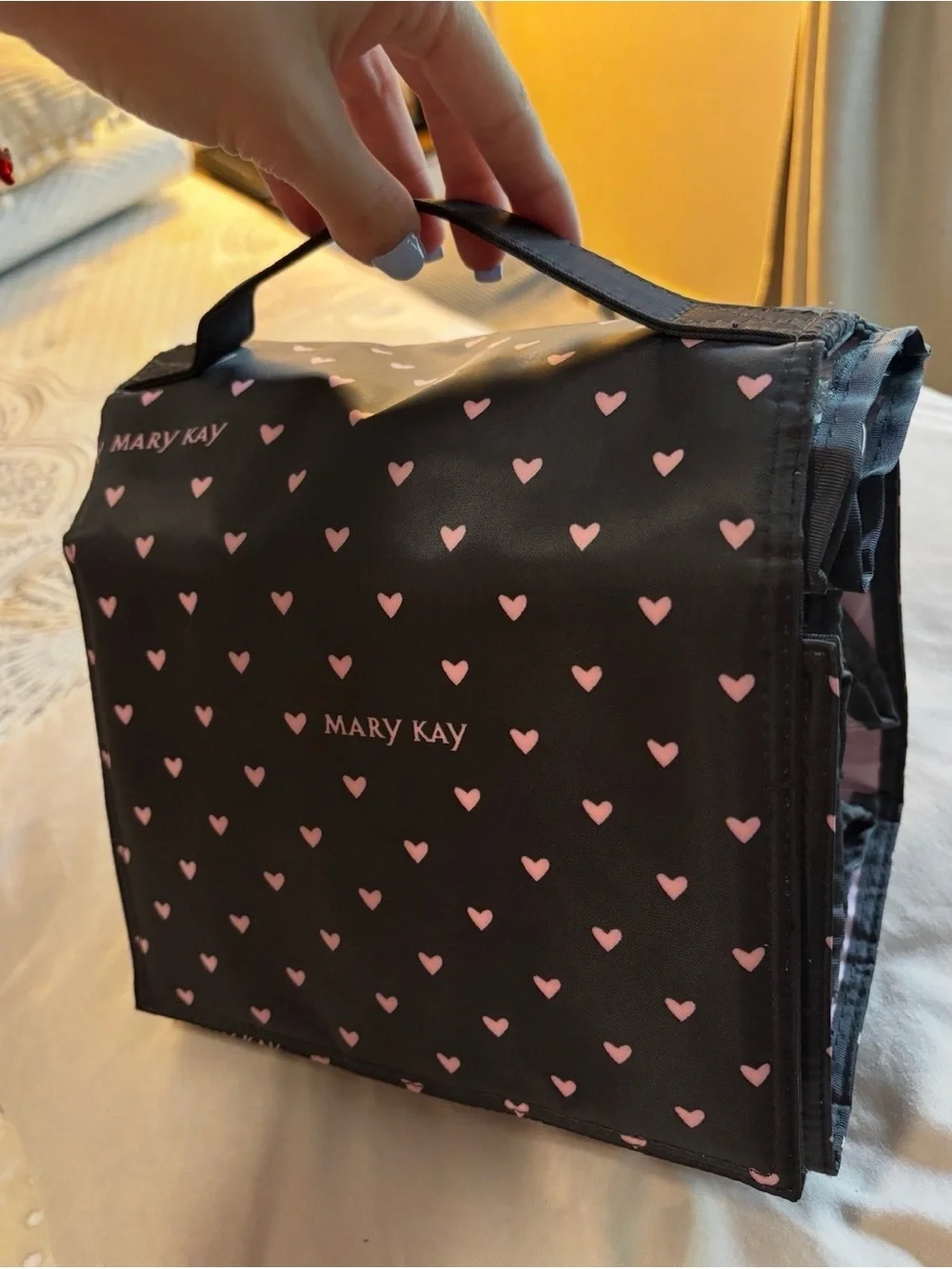 Mary Kay Black Cosmetic Bag with Pink Heart Print